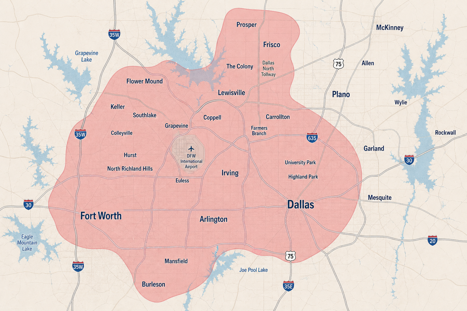 Map of the Dallas–Fort Worth metroplex with the Cherry Shine Co. service area highlighted in red